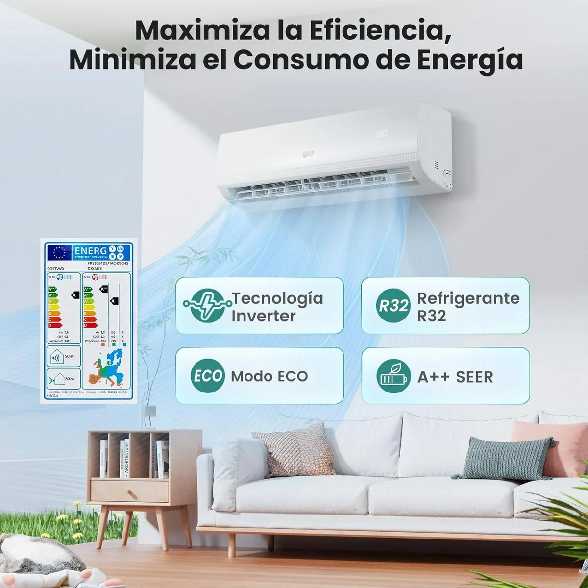 COSTWAY Aire Acondicionado Split, 2,6 kW, Aire Acondicionado con Calefacción con Bomba de Calor, Refrigerante: R32, Calefactor y Refrigerador con Kit de Instalación para Habitación de hasta 70m³ (9000BTU)