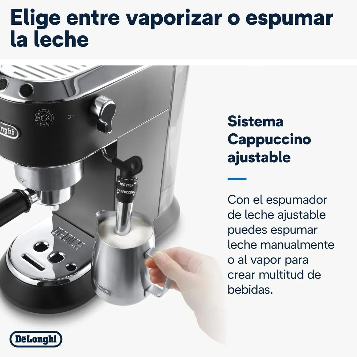 De'Longhi Dedica – Cafetera de bomba de acero inoxidable para café molido o monodosis, espresso y capuchino, depósito de 1,3 litros, sistema antigoteo, modelo EC685.M, color metal
