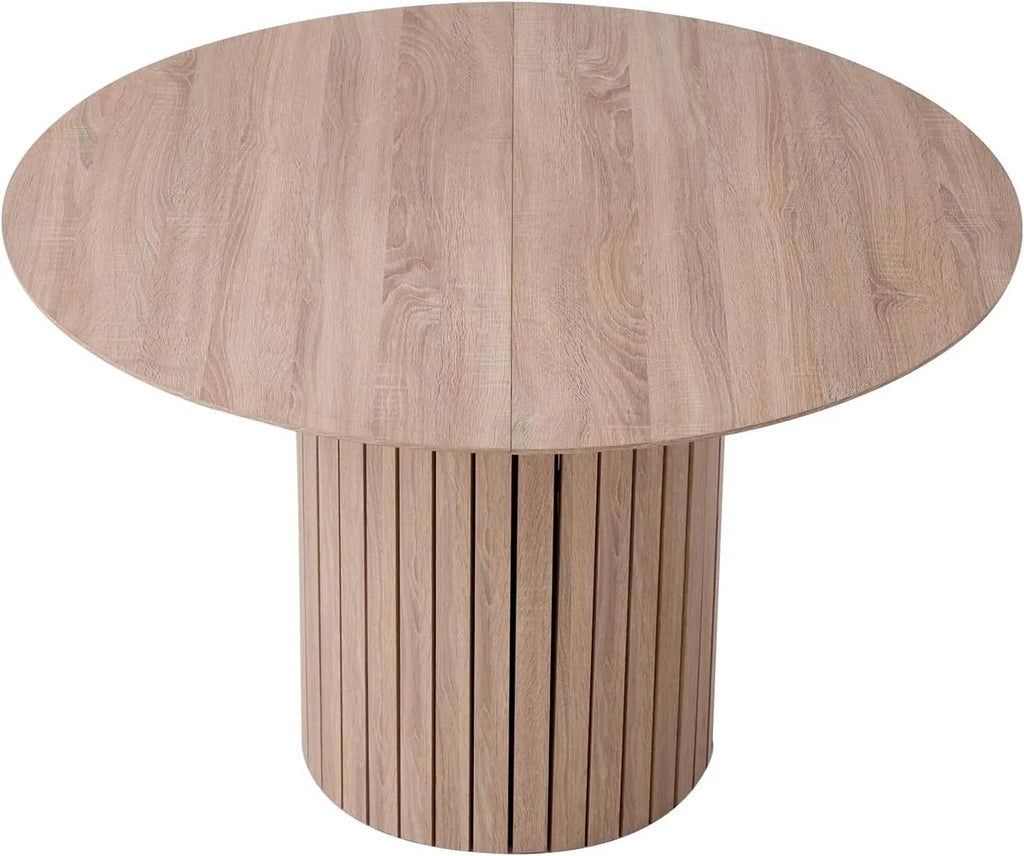 Okrągły stół do jadalni 120 cm dla 4-6 osób; rustykalny stół kuchenny z cylindryczną podstawą, płytą MDF i drewnianym cokołem żebrowym (tekstura jasnego drewna)