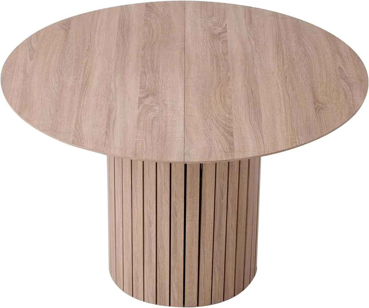 Okrągły stół do jadalni 120 cm dla 4-6 osób; rustykalny stół kuchenny z cylindryczną podstawą, płytą MDF i drewnianym cokołem żebrowym (tekstura jasnego drewna)