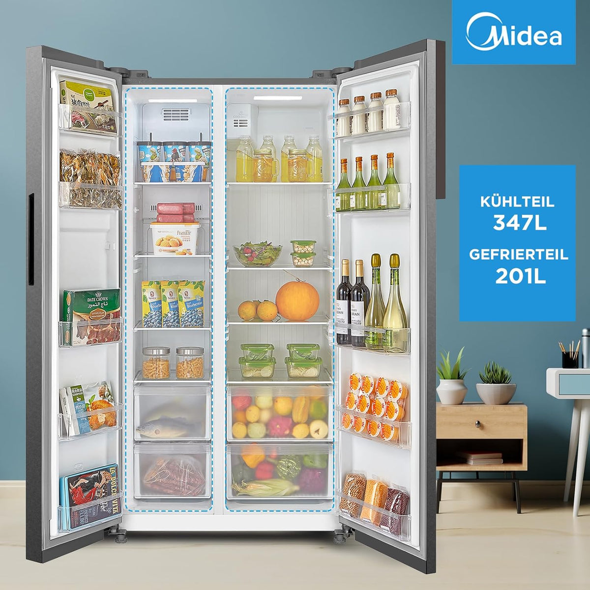 Midea KS-DDX 6.32 WT Frigorífico americano / 178,8 cm de altura / 254 kWh/año / No Frost / Compresor Dual Inverter / con dispensador de agua/hielo 3 en 1 y depósito de agua, Dark Inox