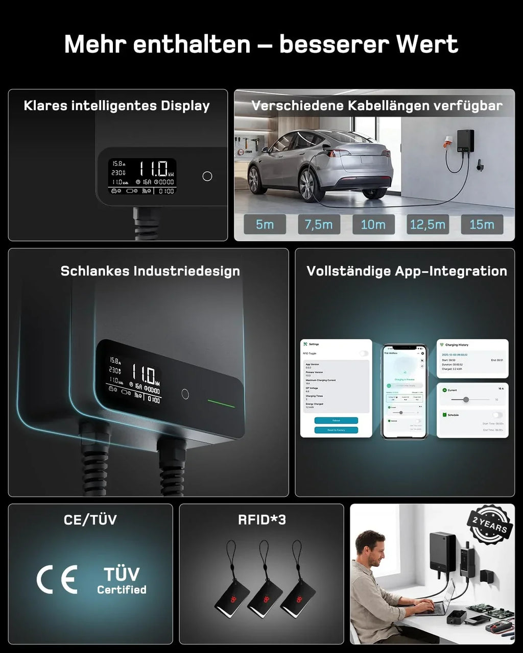 Wallbox 11kW, App, Tipo 2 7,5m, trifásica 400V, negro, soporte de cable, RCD Tipo A 30mA AC/6mA DC, IP54, §14a EnWG