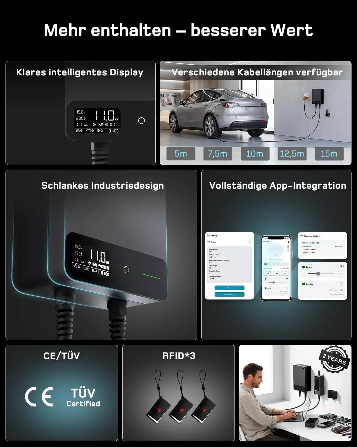 Wallbox 11kW, App, Tipo 2 7,5m, trifásica 400V, negro, soporte de cable, RCD Tipo A 30mA AC/6mA DC, IP54, §14a EnWG