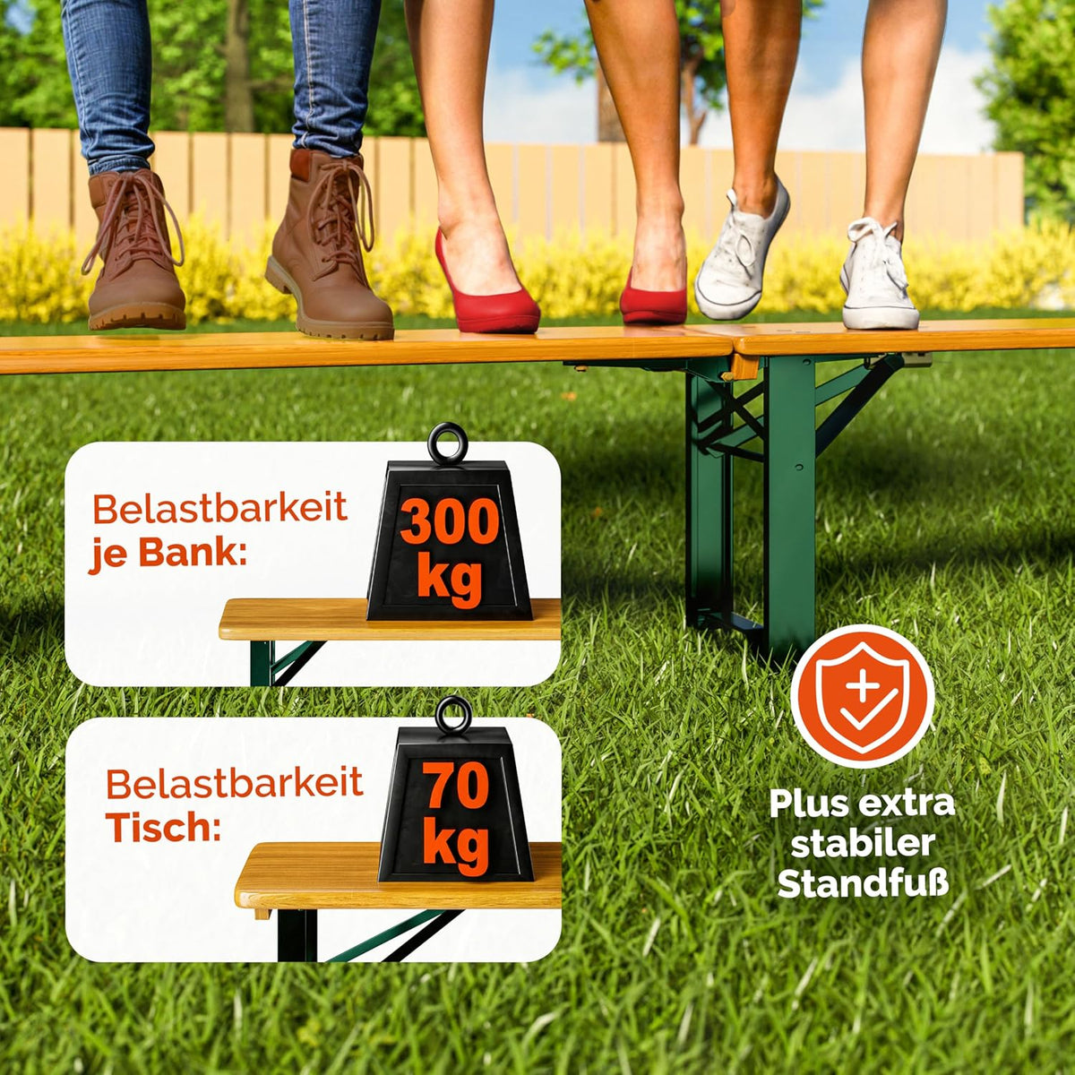 Juego de mesa y bancos plegables para cerveza Casaria, 220 cm, estable, 3 piezas: 2 bancos, 1 mesa ancha, madera, conjunto de cervecería, mobiliario para eventos y jardín.