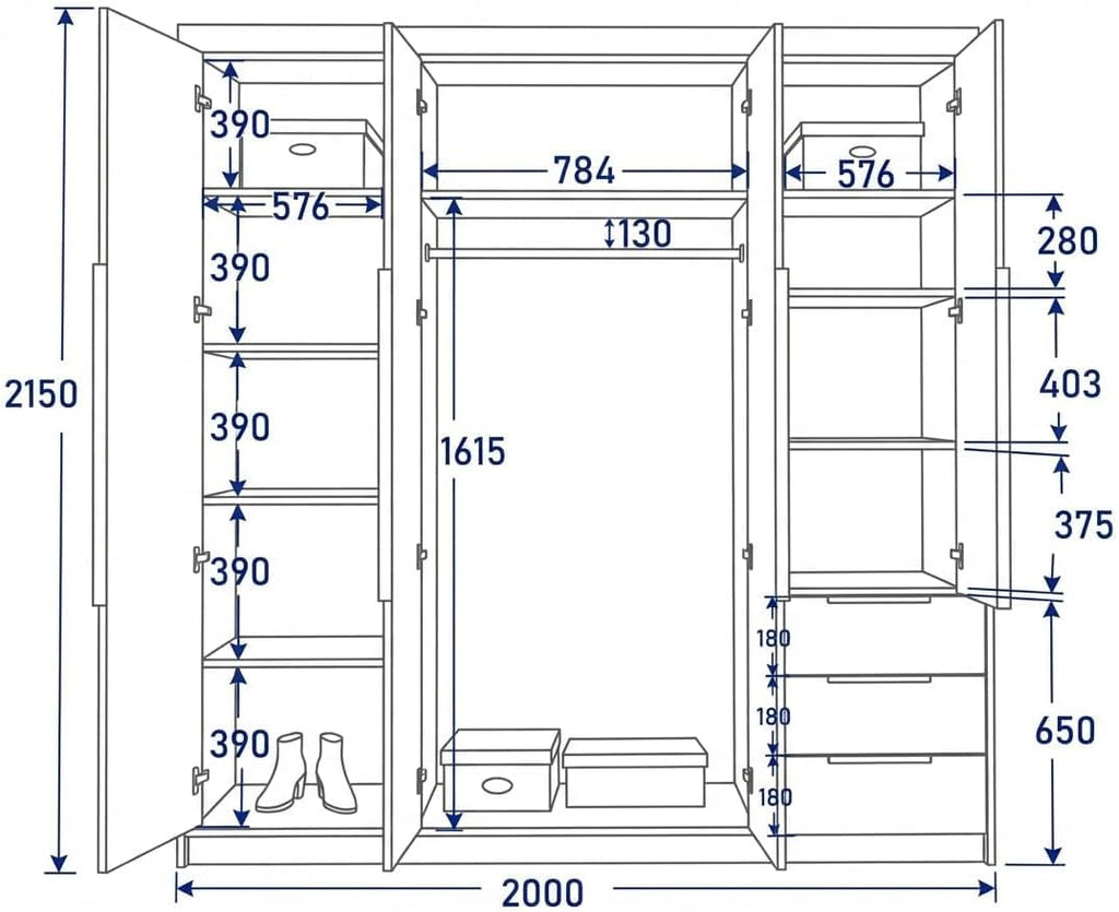 Armario de 4 puertas A&J MöbelLand KLARI con 3 cajones – 200 x 215 cm – Armario de puertas batientes con barra para colgar ropa y estantes
