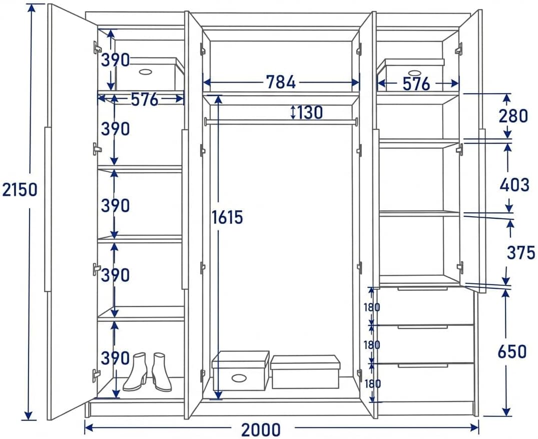 Armario de 4 puertas A&J MöbelLand KLARI con 3 cajones – 200 x 215 cm – Armario de puertas batientes con barra para colgar ropa y estantes