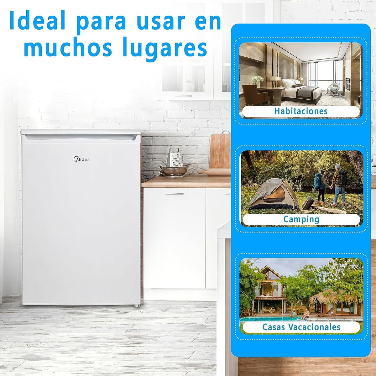 Nevera pequeña Midea 113L con congelador - Mini frigorífico para habitación/caravana/camping - Minibar de bajo consumo - Frigorífico bajo encimera silencioso 39dB + congelador -16º/-24º