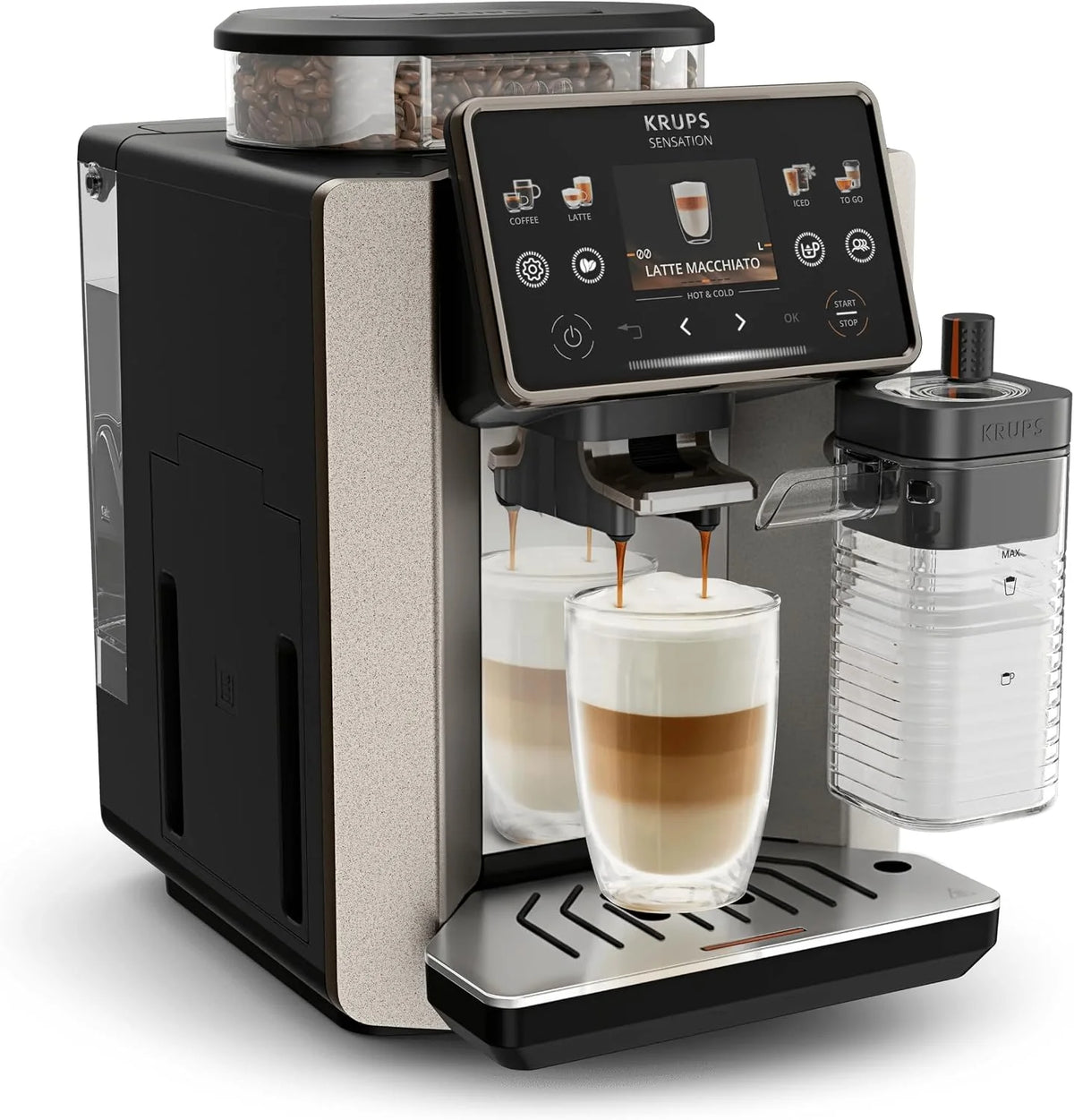 Krups Sensation Elite automatyczny ekspres do kawy, 24 gorące i zimne napoje, ekran 2,8", technologia Milk Maestro, technologia Cold Brew Arome, możliwość spersonalizowania ulubionych, Silver Premium