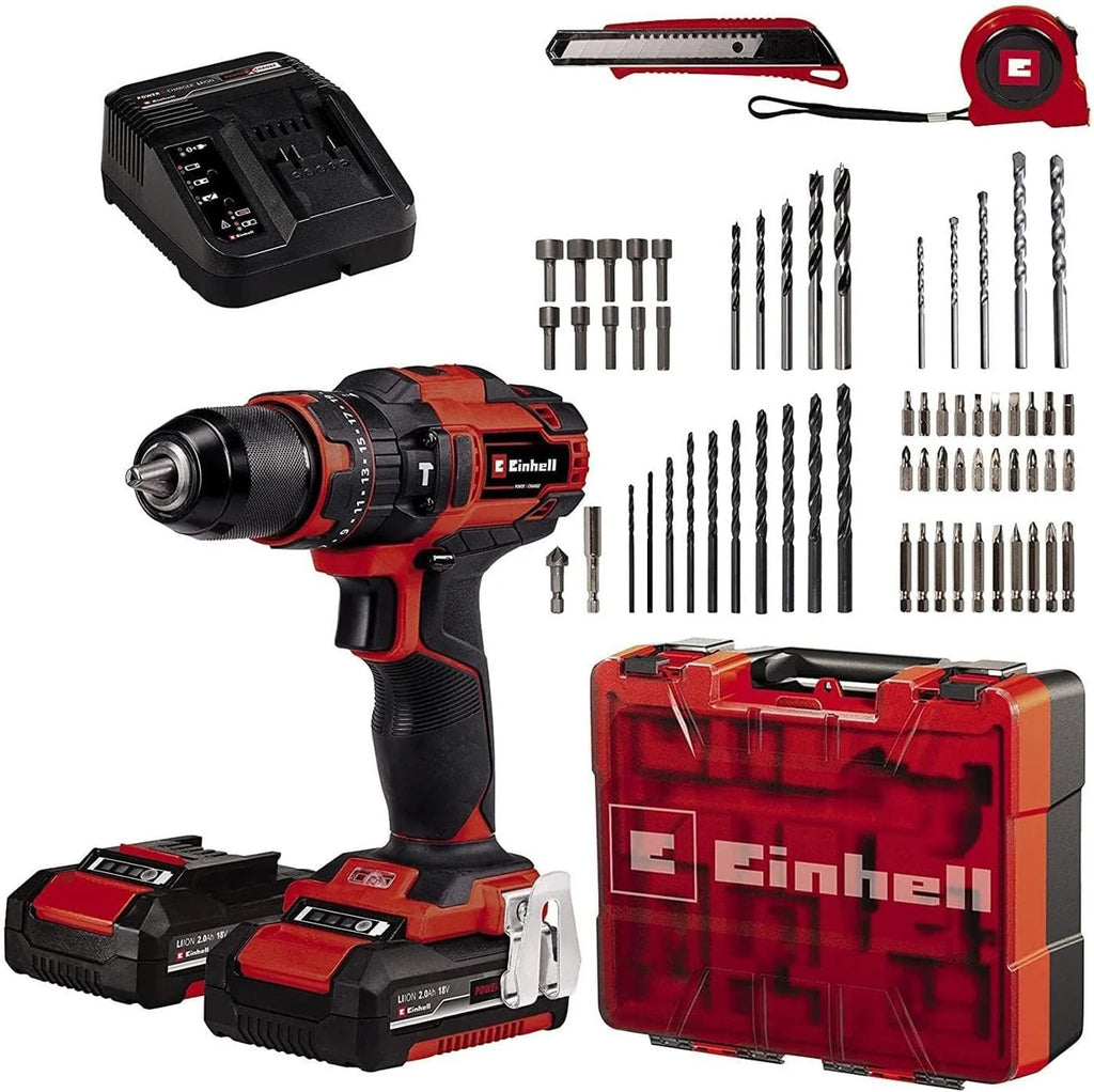 Einhell Aku. zestaw wiertarko-wkrętarki z udarem TE-CD 18/40 Li-i +64 (2x2,0Ah) Power X-Change (Li-Ion, 18V, 40Nm, elektr. pręd., 2-bieg. przekł., maks. 24 000 min-1, akumulatory, ładow. i akces.)