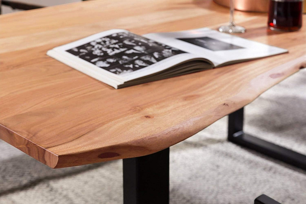 Mesa de comedor SAM B-Ware 200x100 cm Mundra, mesa de madera de acacia con borde natural, maciza y color natural, base en U de metal negro, mesa de comedor con borde de árbol auténtico
