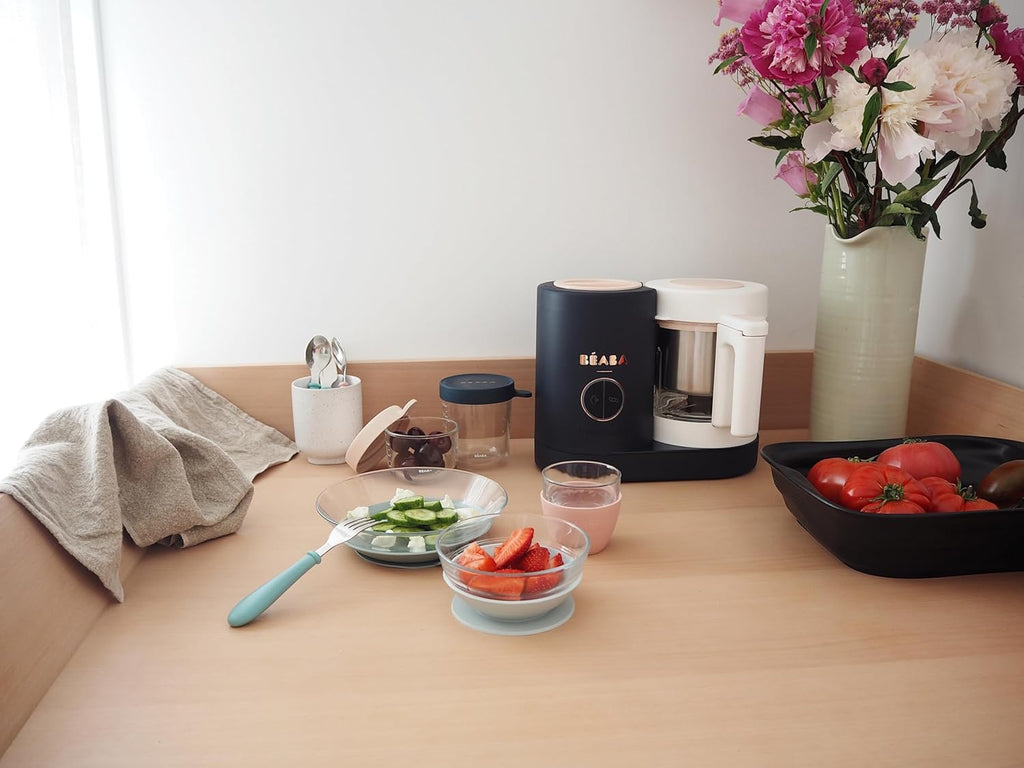 BÉABA - Babycook Néo - Robot para bebés hecho en Francia - Batidora-Cocedor - Bol de cristal y cubeta de acero inoxidable - Diversificación alimentaria - Potitos caseros para bebés - Cocción al vapor suave y rápida - Azul noche