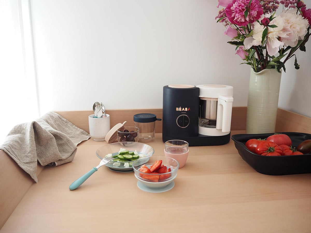 BÉABA - Babycook Néo - Robot para bebés hecho en Francia - Batidora-Cocedor - Bol de cristal y cubeta de acero inoxidable - Diversificación alimentaria - Potitos caseros para bebés - Cocción al vapor suave y rápida - Azul noche