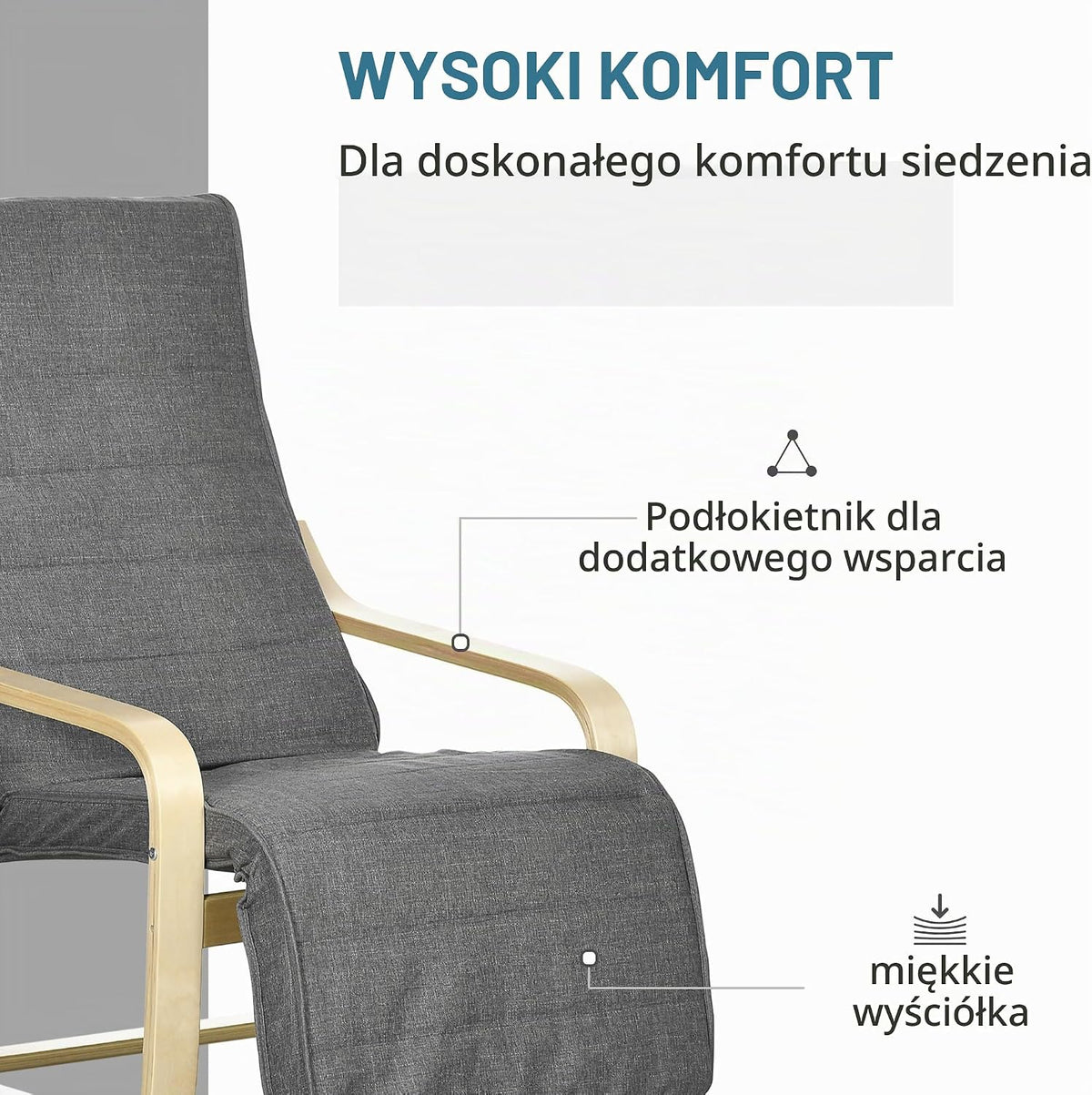 HOMCOM Fotel z podłokietnikami, 5-stopniowo regulowany podnóżek, Szary