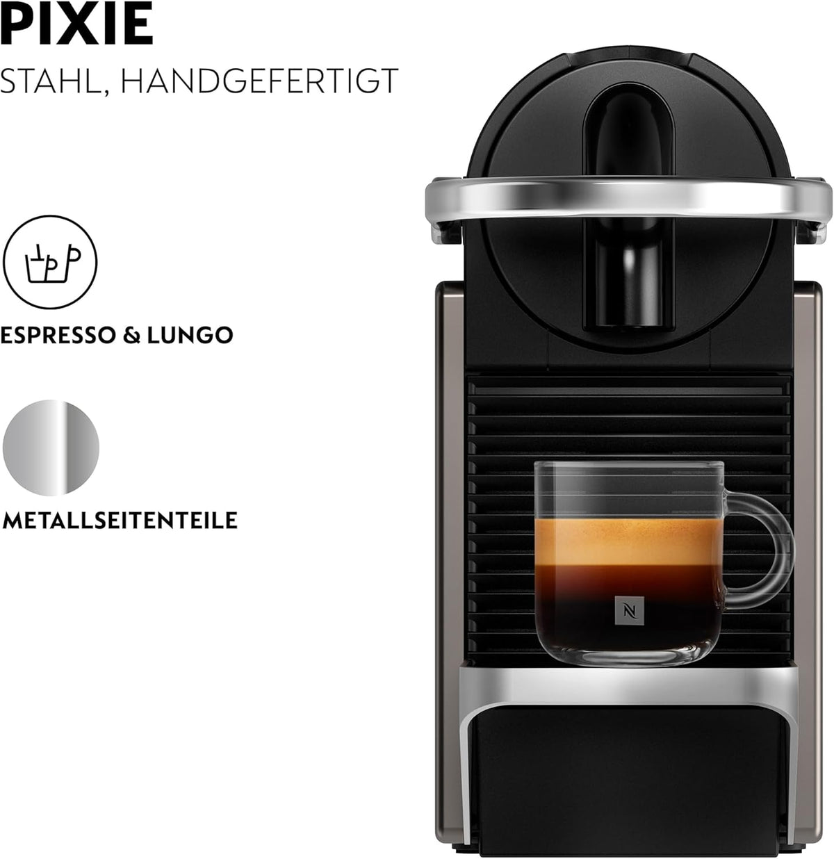 Cafetera de cápsulas Krups Nespresso Pixie Redesign, 1260 W, depósito de agua de 0,7 l, Espresso o Lungo, ahorro de energía, cápsulas reciclables, incluye set de bienvenida, Titanio, XN306T10
