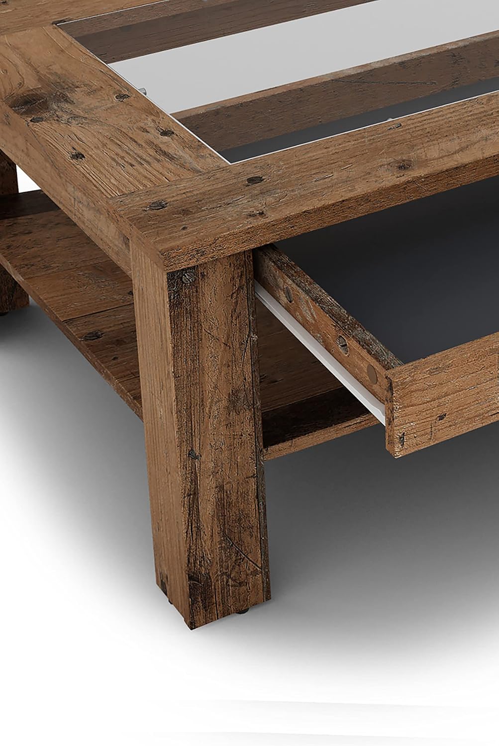 Mesa de centro Ralph de byLIVING / aspecto de madera vieja de roble marrón oscuro / mesa de sofá con incrustaciones de vidrio y un cajón espacioso en marrón / mesa auxiliar con mucho espacio de almacenamiento / An 110, Al 43, Pr 67 cm