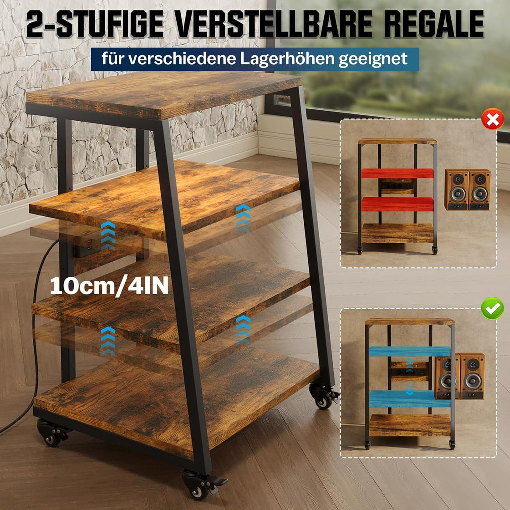 Rack HiFi de madera de 4 niveles con regletas y estante ajustable | Mesa para tocadiscos con ruedas y luces LED, estante para sistema estéreo, soporte multimedia para audio, equipos de sonido, TV, 60x52x78 cm