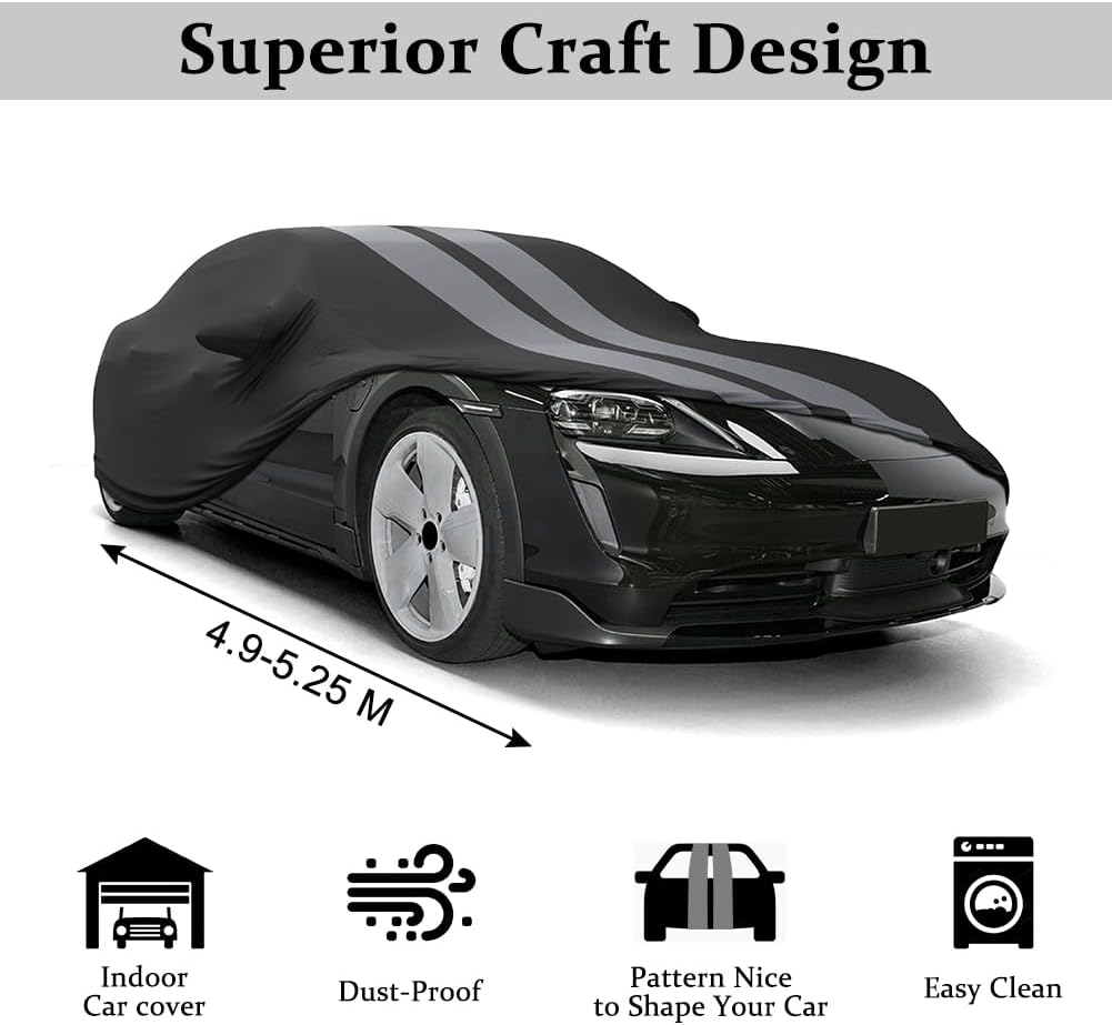Asasytal Funda de coche para interiores, para sedán/berlina, funda protectora transpirable de terciopelo elástico, para garaje/exposición de coches, 4,9~5,25 m, gris a rayas + negro