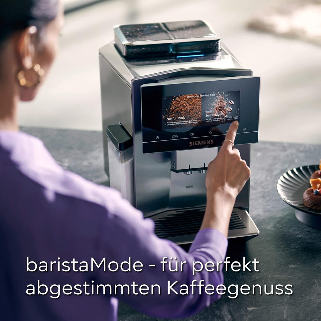 Cafetera superautomática Siemens EQ900 TQ903D03, control por app, pantalla táctil intuitiva, modo barista, AromaBoost, reducción de ruido, molinillo premium, limpieza automática con vapor, 1500 W, acero inoxidable