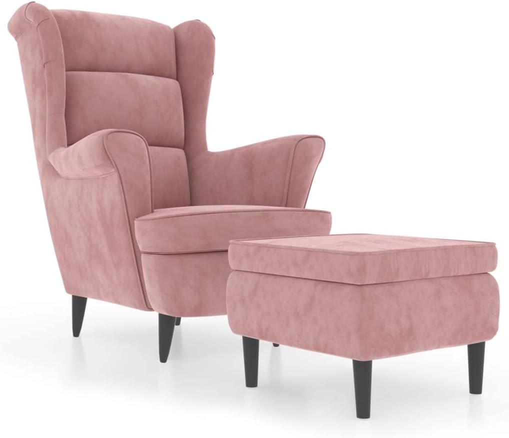 vidaXL Sillón orejero con reposapiés, reposabrazos, sillón de TV, sillón tapizado, sillón lounge, sillón de salón, sillón de descanso, sillón relax, terciopelo rosa