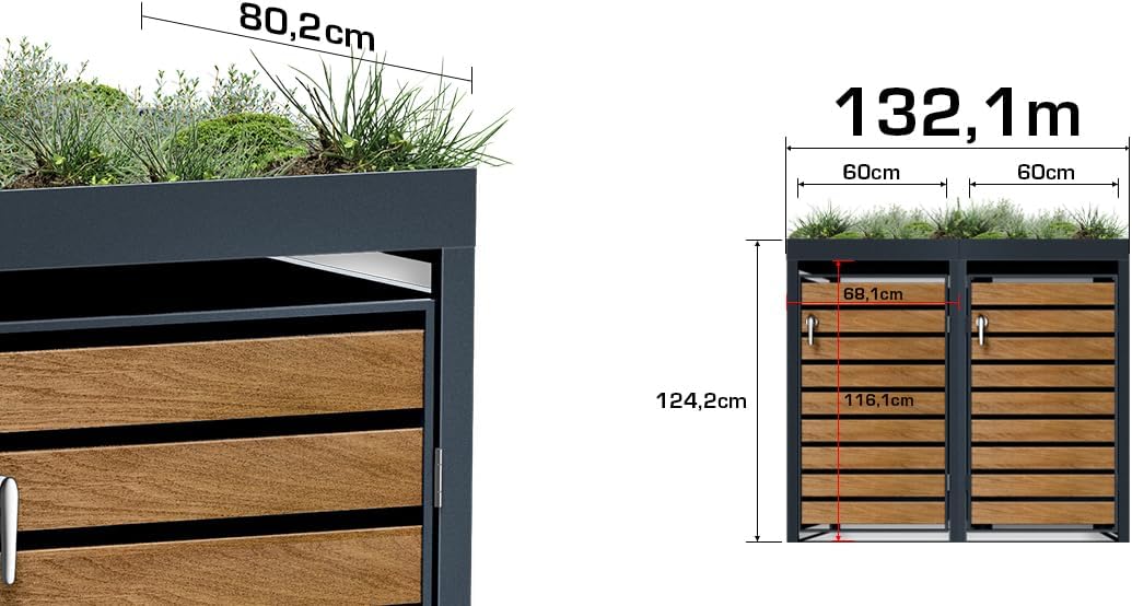 Caja para 2 cubos de basura Metzler de 240L en antracita y efecto madera con techo para plantas y franjas visuales, revestimiento para 2 cubos con tapa automática, caseta para basura de acero con recubrimiento en polvo inoxidable, con cerradura