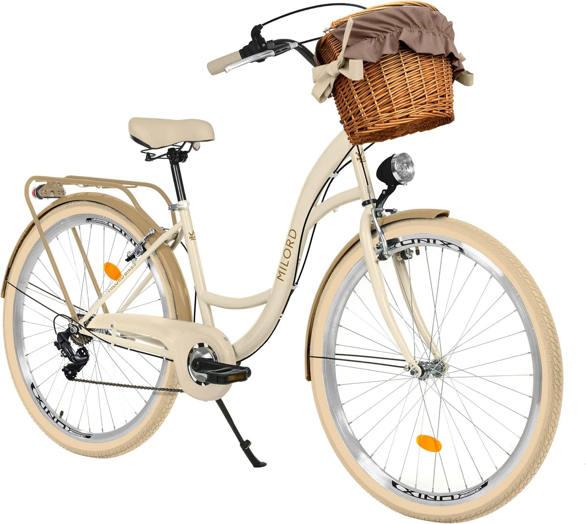 Bicicleta de paseo genérica Komfort, bicicleta urbana con cesta de mimbre, bicicleta para mujer, estilo holandés, 28 pulgadas, crema y marrón, 7 velocidades