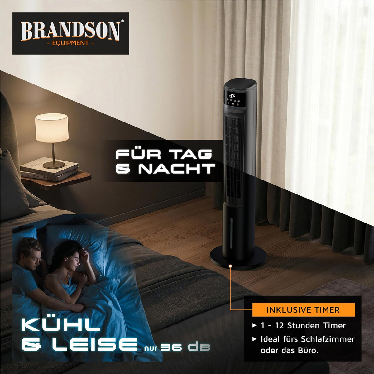 Brandson – enfriador de aire portátil con refrigeración por agua y diseño ECO - Motor CC muy silencioso - 60% de ahorro energético - Ganador en ventiladores y enfriadores de aire 2026 - Ventilador de torre – Oscilación – Función de iones