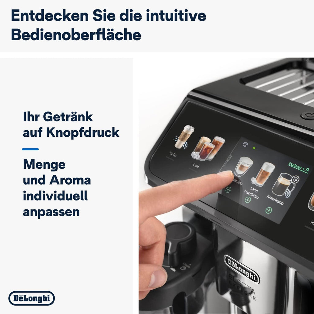 De’Longhi Eletta Explore - Cafetera superautomática Perfetto con espumador de leche LatteCrema, 40 bebidas con solo pulsar un botón, pantalla táctil a color, gris oscuro (ECAM452.57.G)