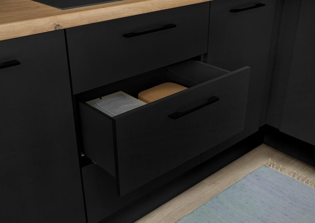 Stella Trading Turin Z Cocina compacta 220 x 211 x 60 cm, negro - Sin electrodomésticos - Cocina moderna y espaciosa en aspecto de roble Artisan con mucho espacio de almacenamiento