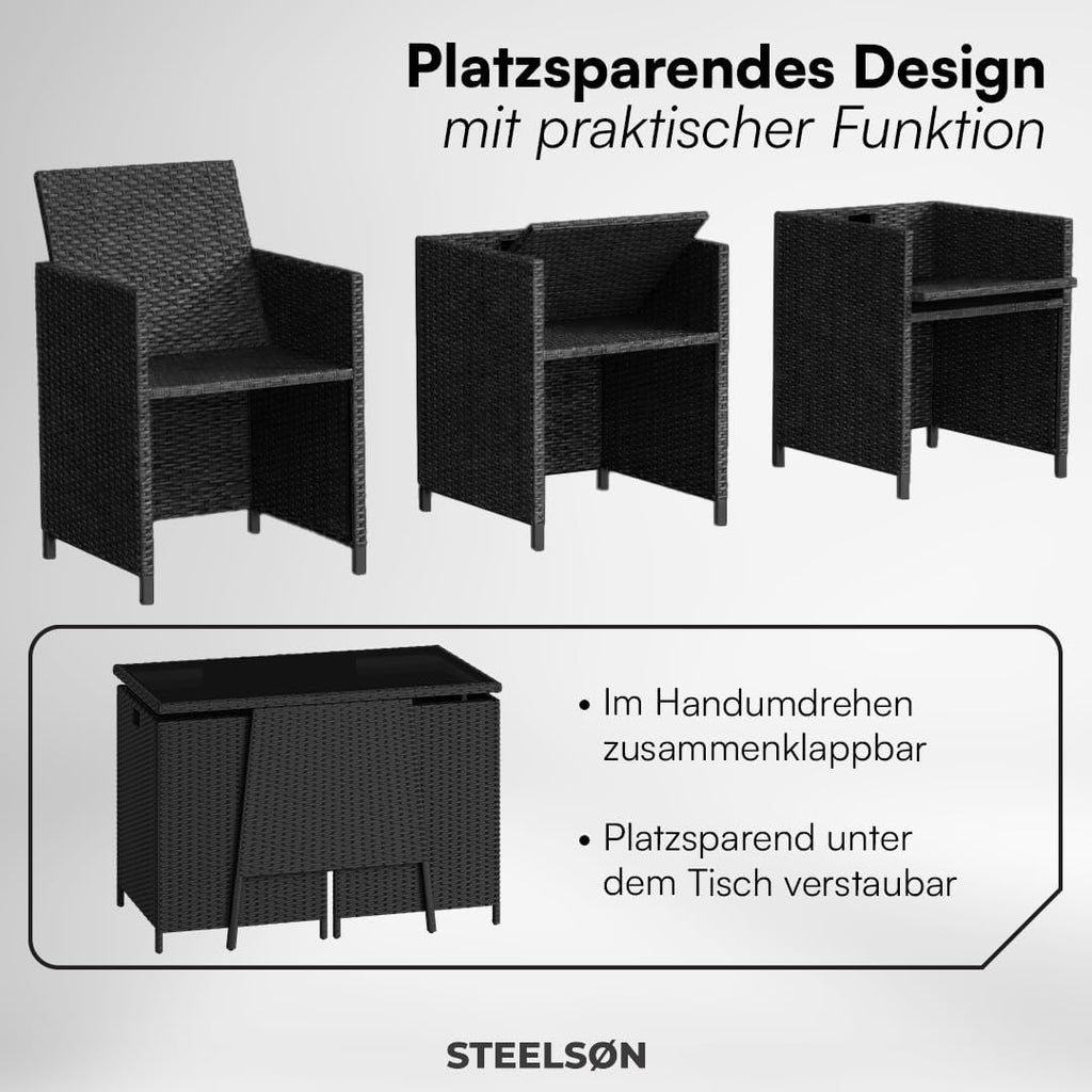 STEELSØN Xenara Conjunto de comedor de 3 piezas, 2 personas, negro/antracita, ratán