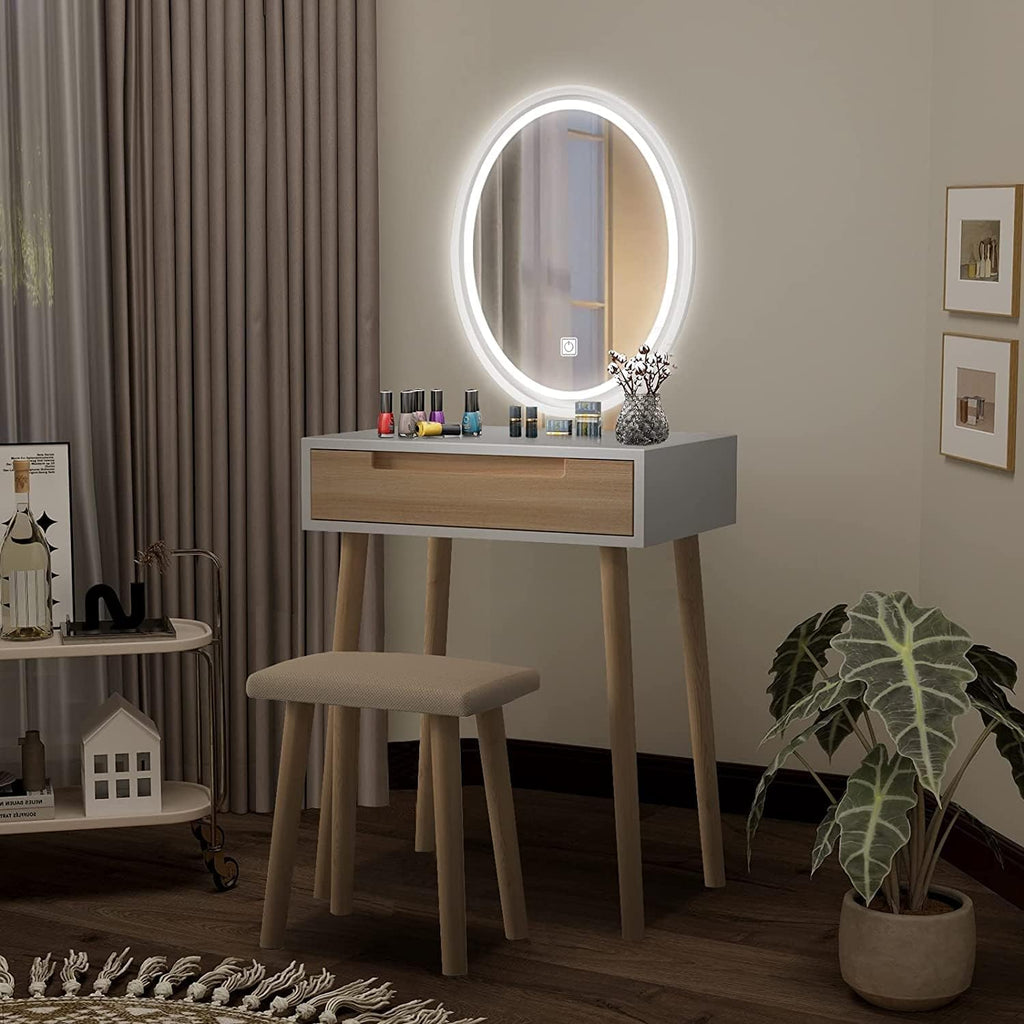 Tocador YU YUSING con iluminación, mesa de maquillaje con espejo LED y cajones, tocador con taburete acolchado, cómoda para maquillaje, moderno