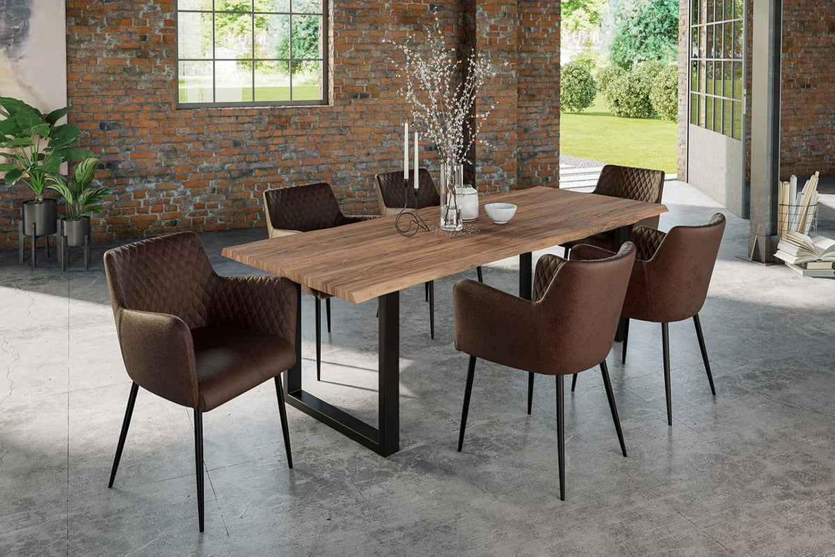 Mesa de comedor SAM 240x100 cm Lauren, mesa de madera de acacia con borde natural, maciza + color piedra, base metálica en U negra, mesa de comedor con borde de árbol real