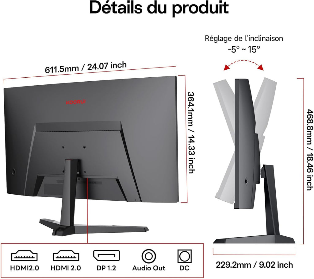 Monitor Gaming KOORUI de 27 pulgadas, pantalla gamer FHD VA, 180 Hz, pantalla curva, Adaptive-Sync, VESA 100 * 100 mm, 2xHDMI 2.0 y 1xDisplayPort 1.2