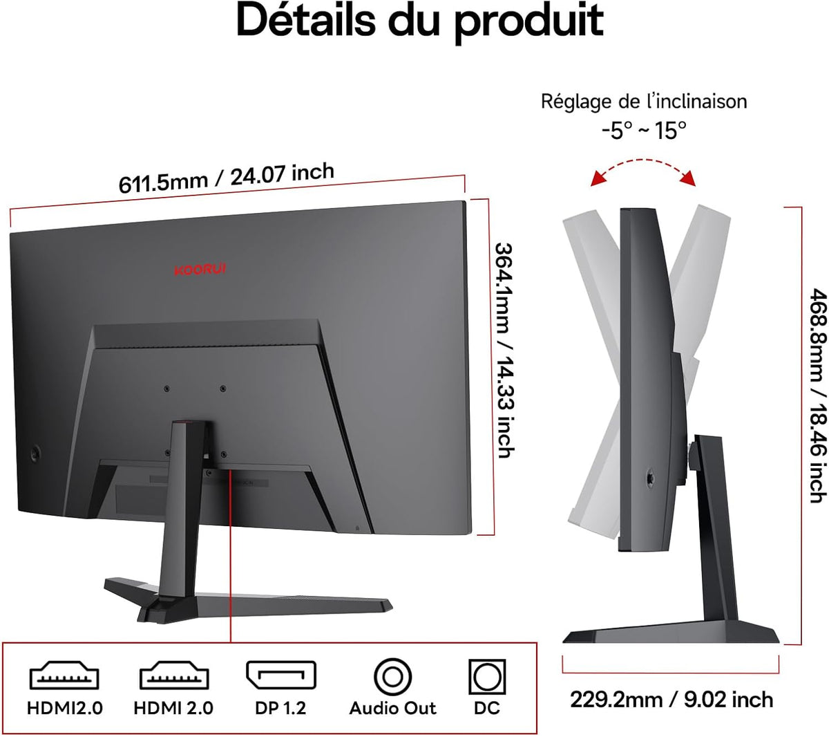 Monitor Gaming KOORUI de 27 pulgadas, pantalla gamer FHD VA, 180 Hz, pantalla curva, Adaptive-Sync, VESA 100 * 100 mm, 2xHDMI 2.0 y 1xDisplayPort 1.2
