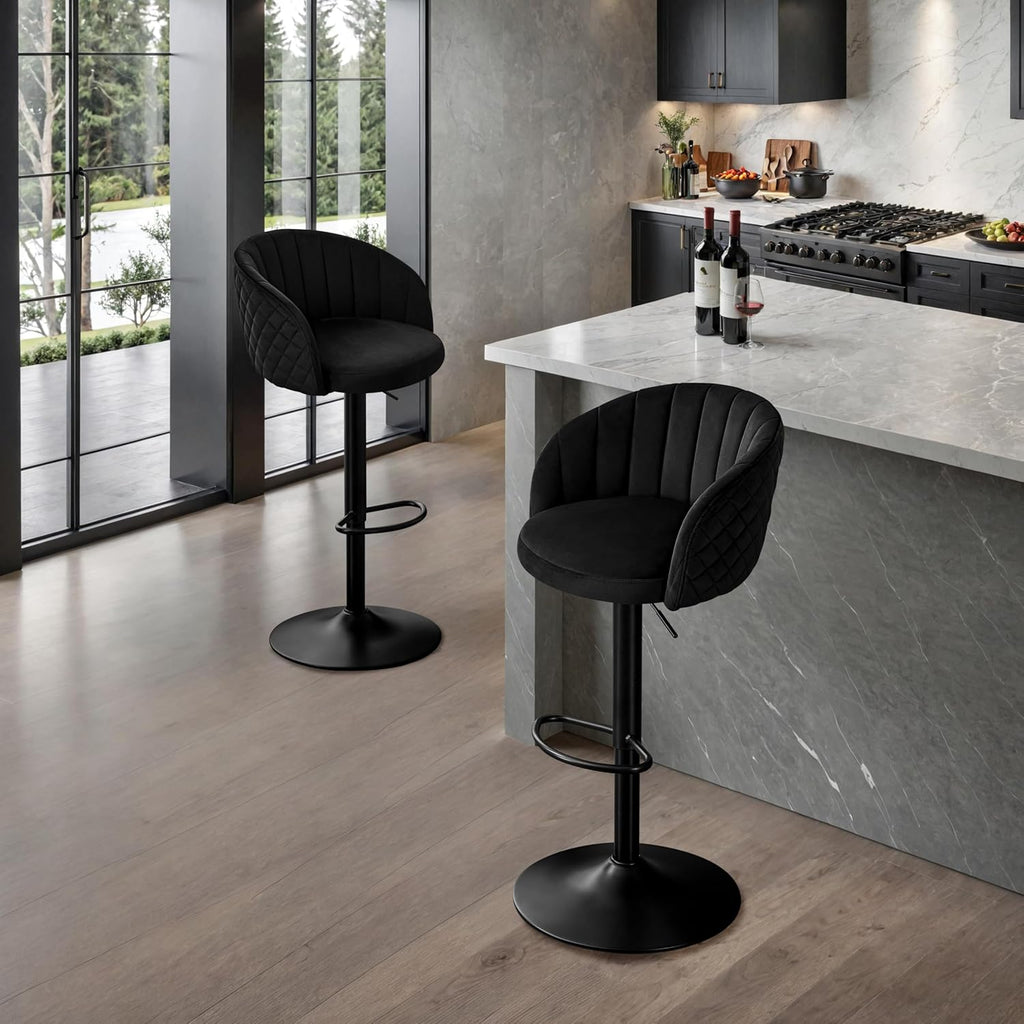 STOOLINK Juego de 2 taburetes de bar, regulables en altura, de tela de terciopelo, giratorios 360°, con respaldo y reposabrazos, para cocina, comedor, café, bistró - Negro