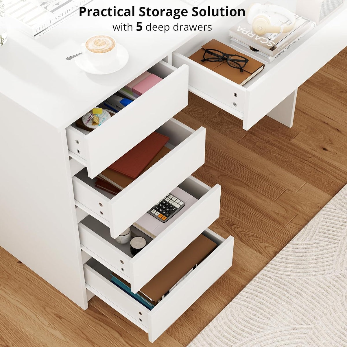 Escritorio VOWNER con 5 cajones, escritorio para computadora con almacenamiento, mesa de PC para habitación juvenil o dormitorio | Mesa de trabajo, 110x50x75 cm (blanco)