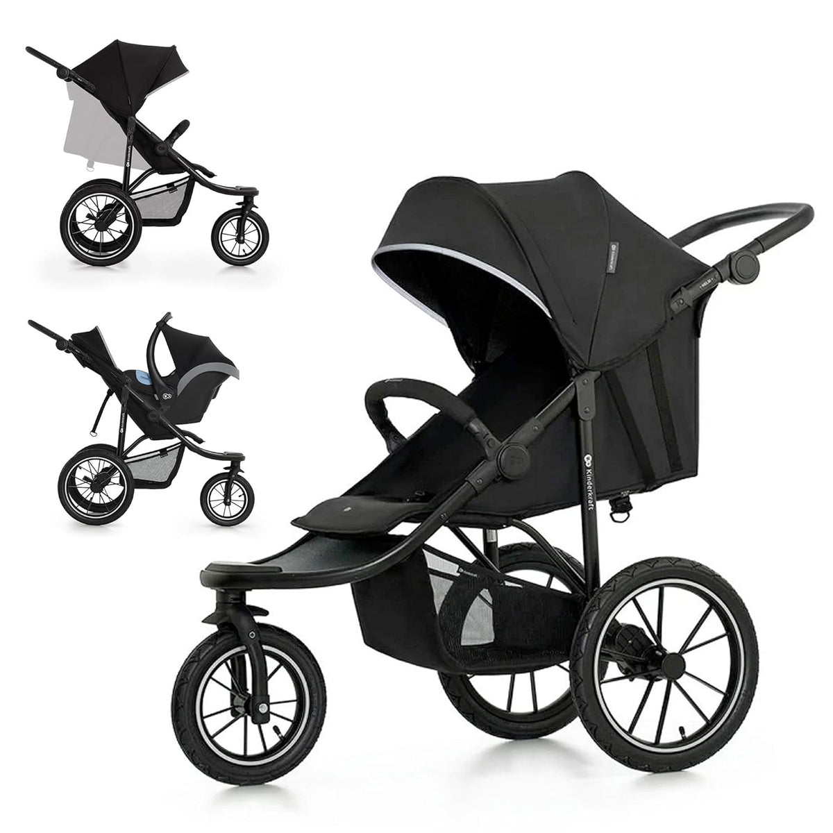Kinderkraft HELSI 2 Silla de paseo hasta 27 kg, cochecito desde el nacimiento, silla de paseo para correr con grandes ruedas neumáticas, función de reclinado, asa parental ajustable, plegable, cesta debajo del asiento, negro