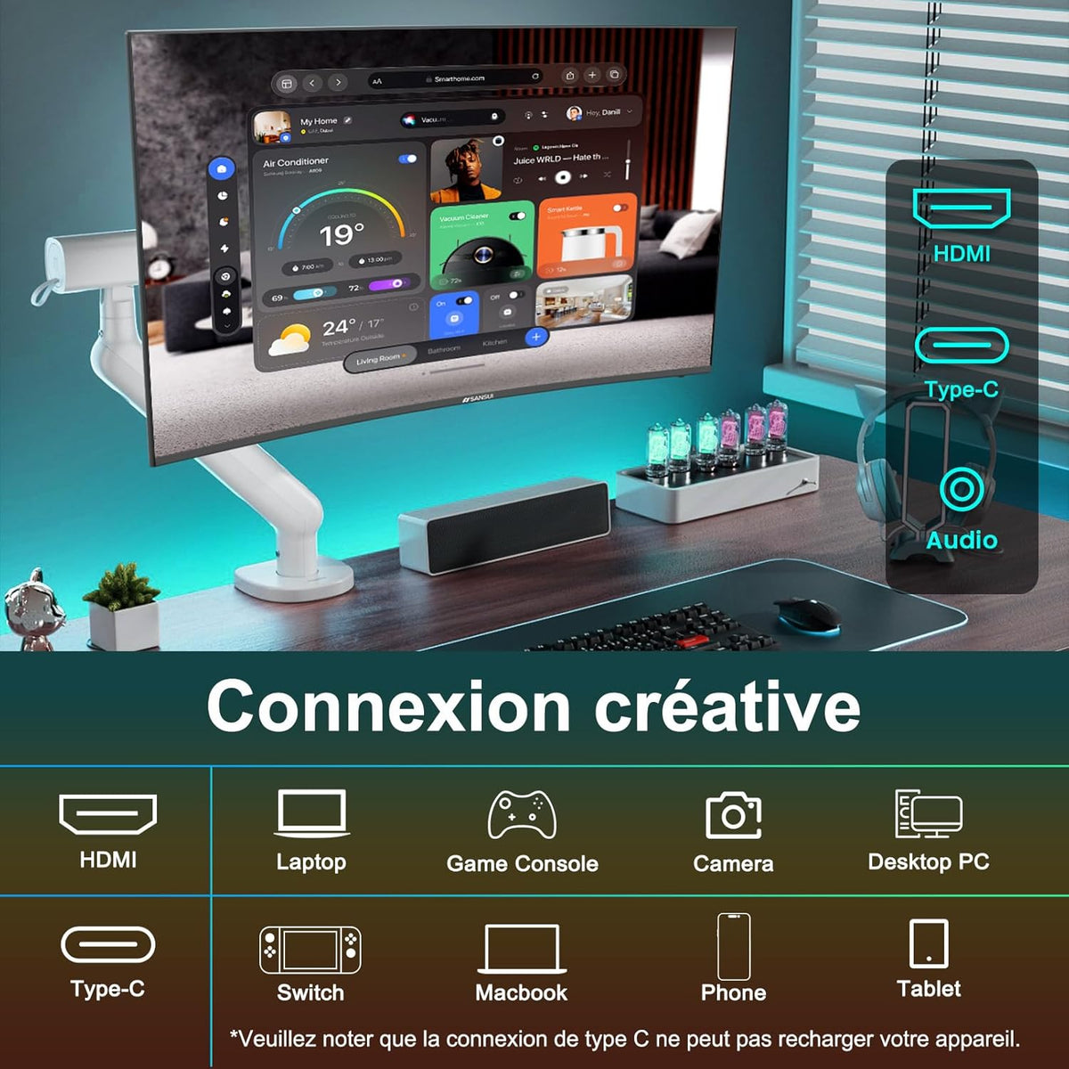 Monitor para PC curvo Minifire de 27 pulgadas y 100 Hz - Panel VA 1500R Full HD (1920 x 1080p), tiempo de respuesta MPRT de 1 ms, sRGB 110 %, filtro de luz azul, HDMI 1.4, Tipo-C 2,5 W, compatible con VESA - MF27C1