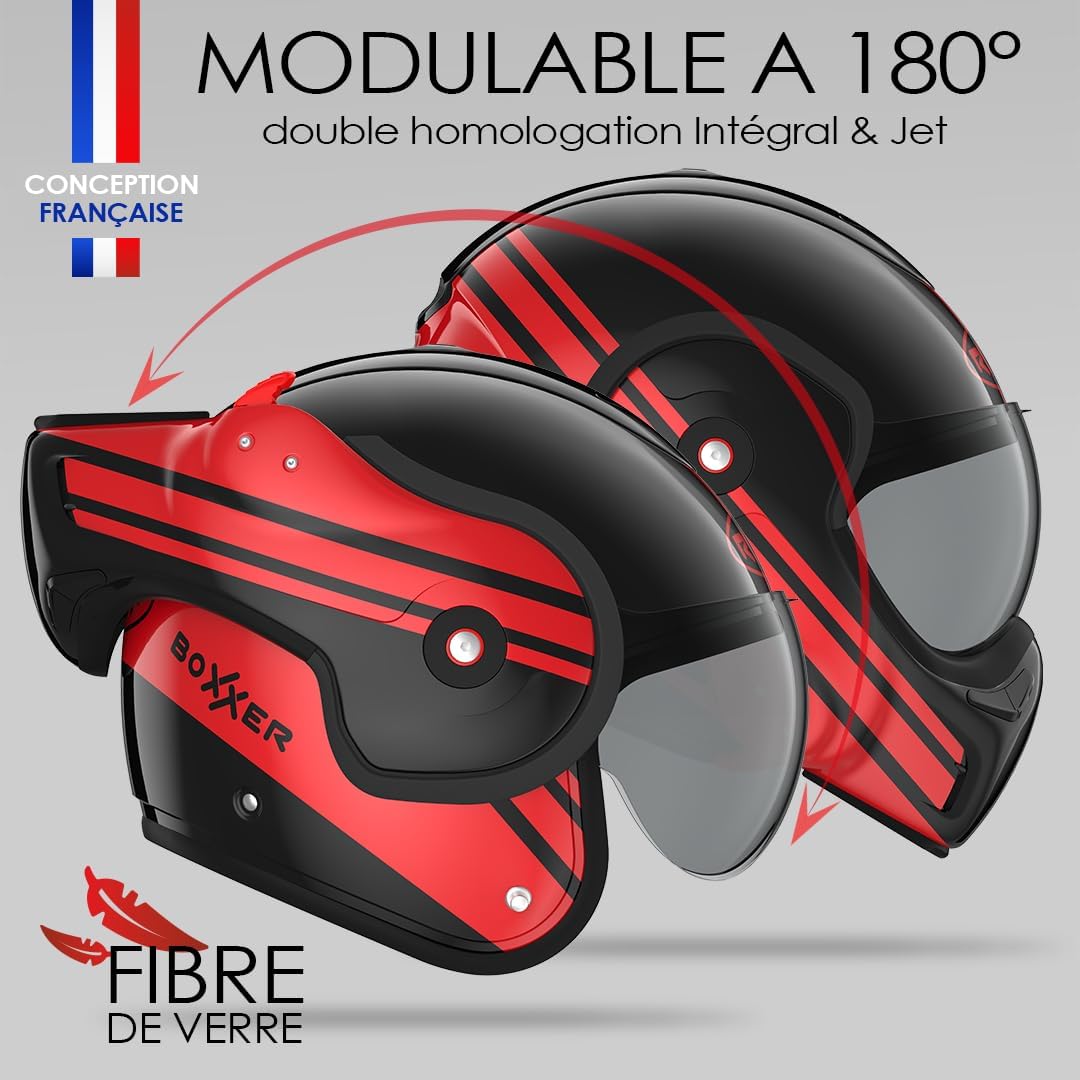 Casco ROOF Boxxer con doble homologación Jet/Integral - Color Sting Negro Rojo - Casco de gama alta en fibra de vidrio - Apertura secuencial con una mano - Oferta directa de fábrica - Garantía de 4 años