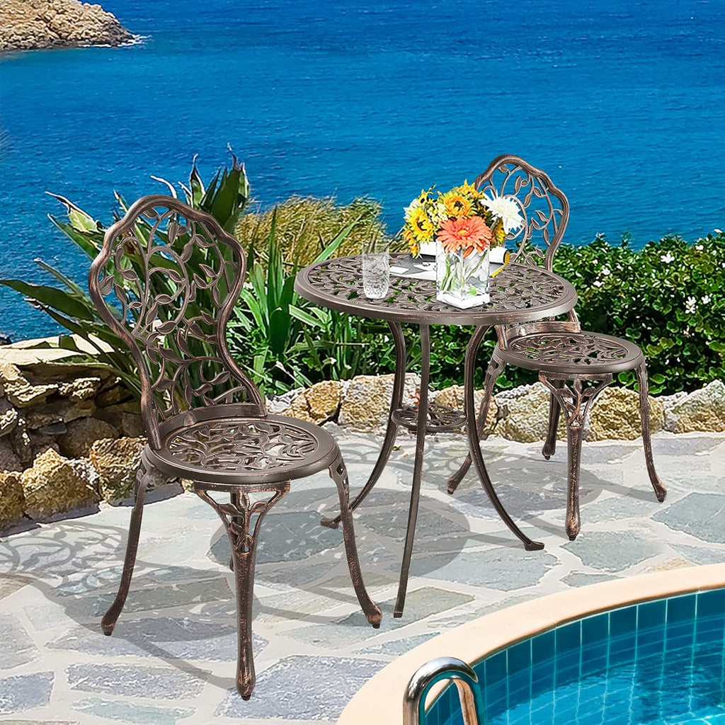 GIANTEX 3 TLG. Bistro Set, Bistrotisch mit 2 Stühlen, Gartenmöbel Set Alu, Gartenset Balkonset antik, runder Gartentisch, Balkonmöbel Set Garten Sitzgruppe 2 Sitzhocker Outdoor Bronze