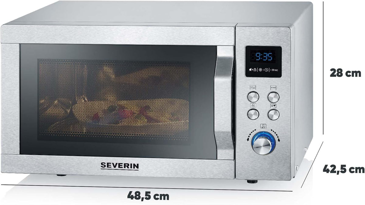 Microondas SEVERIN con función de grill y convección 3 en 1, para descongelar, cocinar y calentar, microondas con plato giratorio, acero inoxidable cepillado/plateado, MW 7774