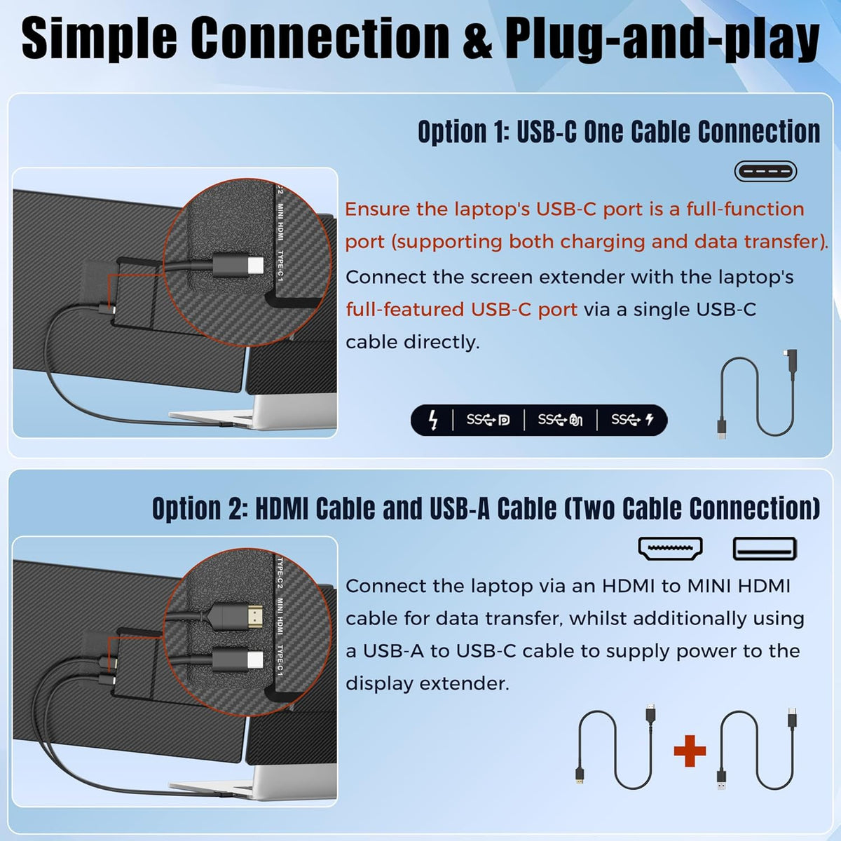 Extensión de pantalla para portátil de 14", pantalla dual IPS FHD 1080P con USB-C/HDMI, extensor de pantalla portátil para portátiles de 13-17.3" con Plug & Play para Mac/Android