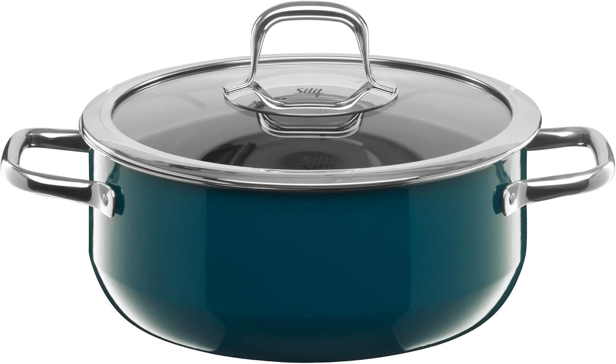 Juego de ollas Silit Compact, 4 piezas, apto para inducción, set de ollas con tapa de cristal, cerámica funcional Silargan, ollas para inducción sin níquel, color petróleo