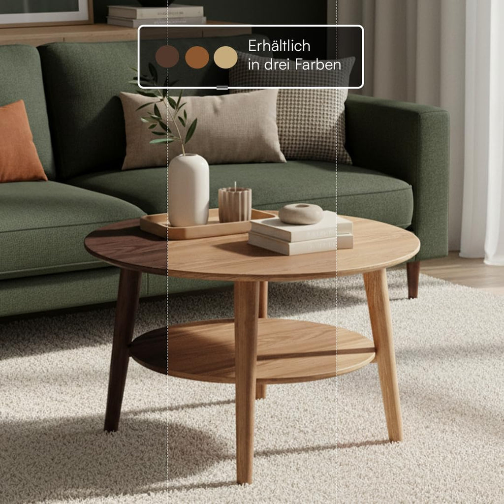 Mesa de centro redonda skølm Mjölnir Ø70 cm – Mesa de salón de madera maciza de roble – Mesa de sofá con 2 estantes – Mesa auxiliar pequeña con acabado de aceite natural – Mesa de madera para salón con espacio de almacenamiento – Coffee Table