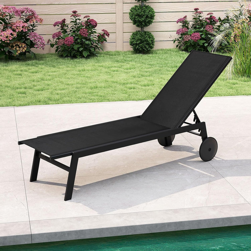COSTWAY Juego de 2 tumbonas con ruedas, tumbona de jardín con respaldo ajustable y tejido de secado rápido, tumbona con ruedas con capacidad de carga de 150 kg, silla reclinable para jardín, balcón, terraza (negro)