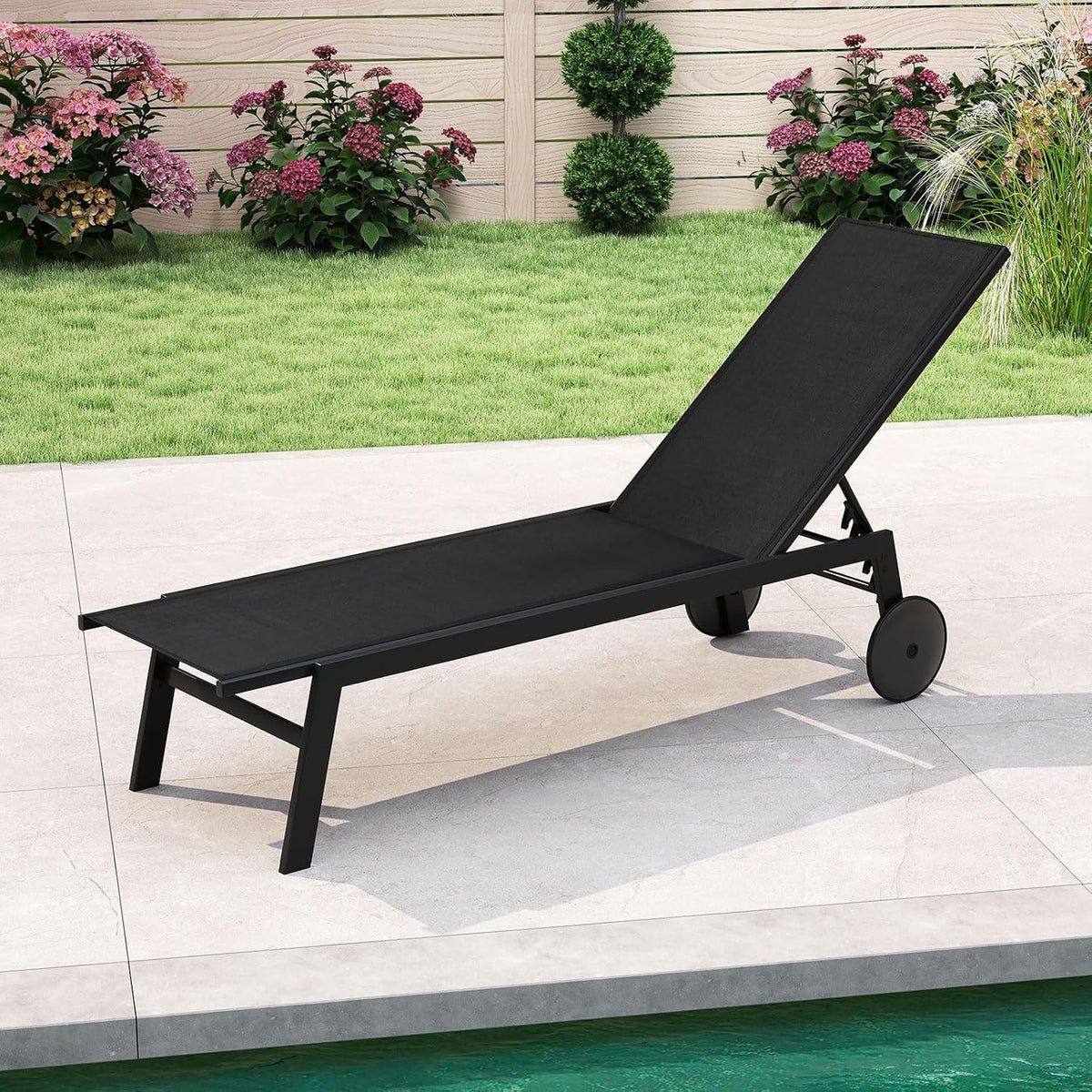 COSTWAY Juego de 2 tumbonas con ruedas, tumbona de jardín con respaldo ajustable y tejido de secado rápido, tumbona con ruedas con capacidad de carga de 150 kg, silla reclinable para jardín, balcón, terraza (negro)