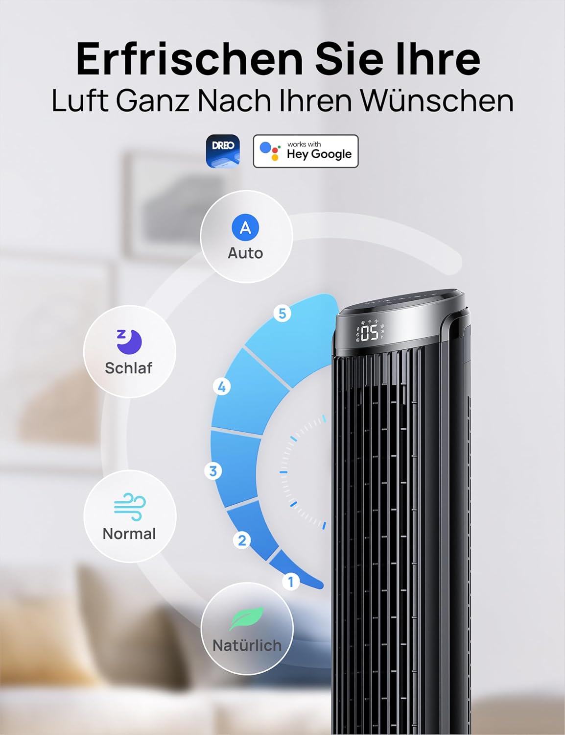 DREO Smart Turmventilator Sehr Leise, 90° Oszillierend Standventilator für Schlafzimmer, 7.9 m/s Windstärke, 5 Stufen, 4 Modi, Touch/Fernbedienung/App & Sprachsteuerung, Alexa, 12H Timer, Silber