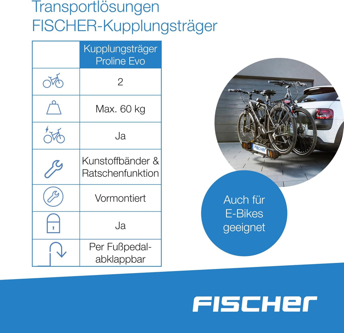 Portabicicletas de enganche Fischer ProlineEvo 2, para 2 bicicletas hasta 60 kg de carga útil, apto para bicicletas eléctricas, premontado, bloqueable, plegable