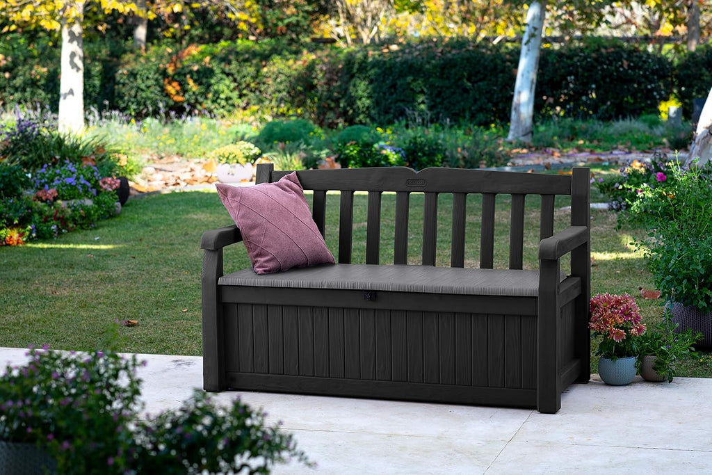 Banco de jardín Keter Eden para balcón y jardín, banco con arcón integrado de 265 l de capacidad, 140x60x84 cm, resistente a la intemperie, de fácil mantenimiento, gris, exterior, efecto madera