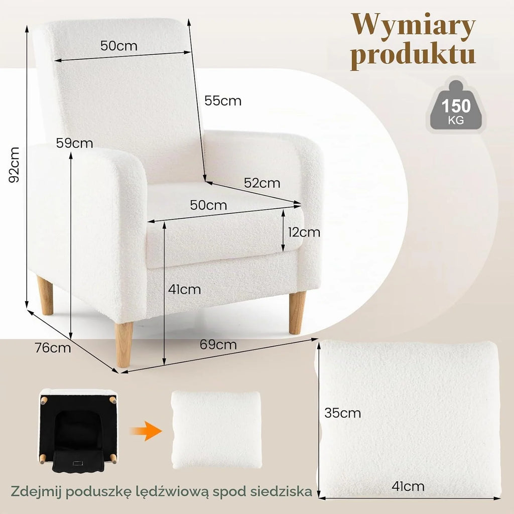 COSTWAY Fotel wypoczynkowy, pluszowy fotel z poduszkami lędźwiowymi i drewnianymi nogami, wyściełana pojedyncza sofa z oparciem i podłokietnikami, fotel z uszami do salonu i sypialni, obciążenie do
