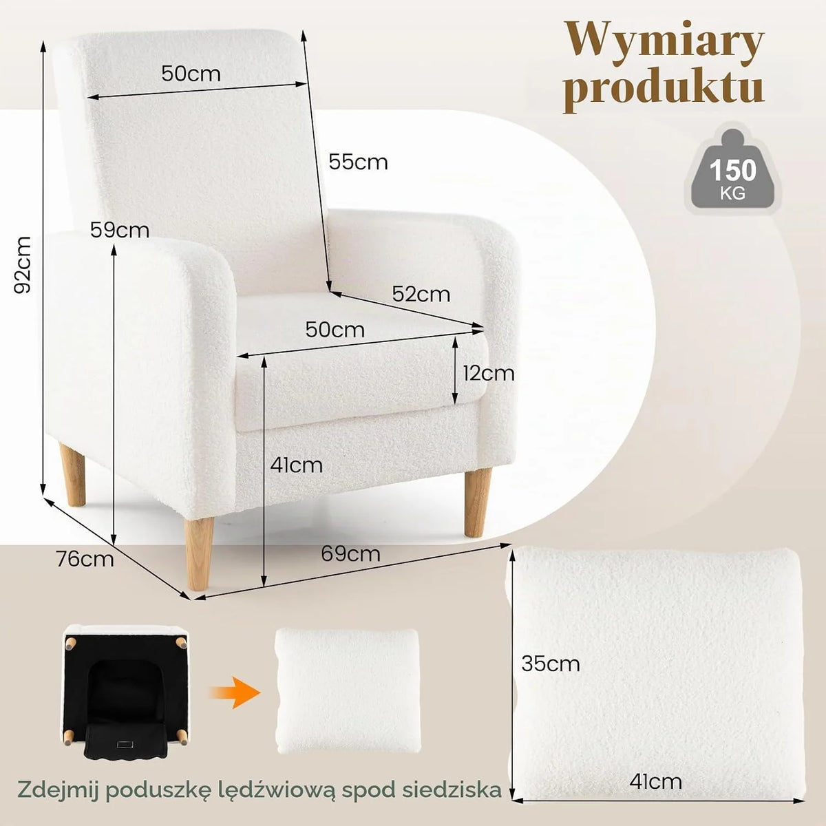 COSTWAY Fotel wypoczynkowy, pluszowy fotel z poduszkami lędźwiowymi i drewnianymi nogami, wyściełana pojedyncza sofa z oparciem i podłokietnikami, fotel z uszami do salonu i sypialni, obciążenie do